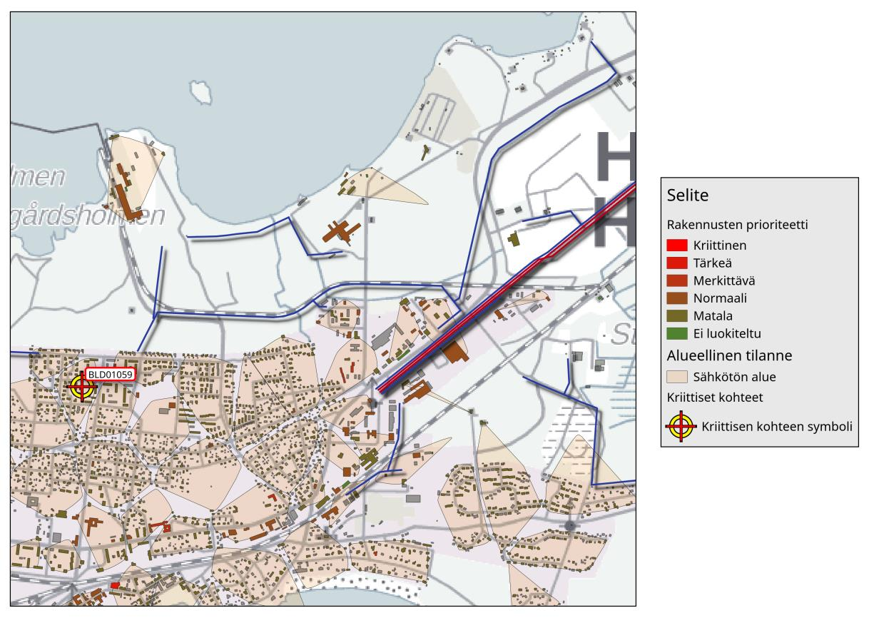 Kuva 66. Esimerkki sähköttömistä alueista ja kriittisistä kohteista tilannekuvajärjestelmässä.