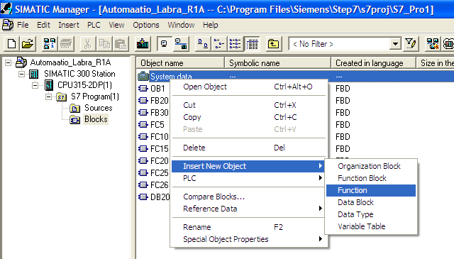 Funktio, Siemens S7 Siemens S7 ohjelmointiympäristössä funktiota vastaa