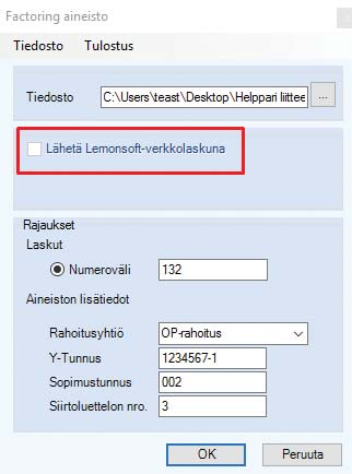 Laskusaatava voidaan nyt lähettää Finvoice-muodossa Lemonsoft-verkkolaskuna. Mikäli yrityksellänne on Lemonhub aktivoituna, näkyy laskusaatavan lähetyksessä valinta Lähetä Lemonsoft-verkkolaskuna.