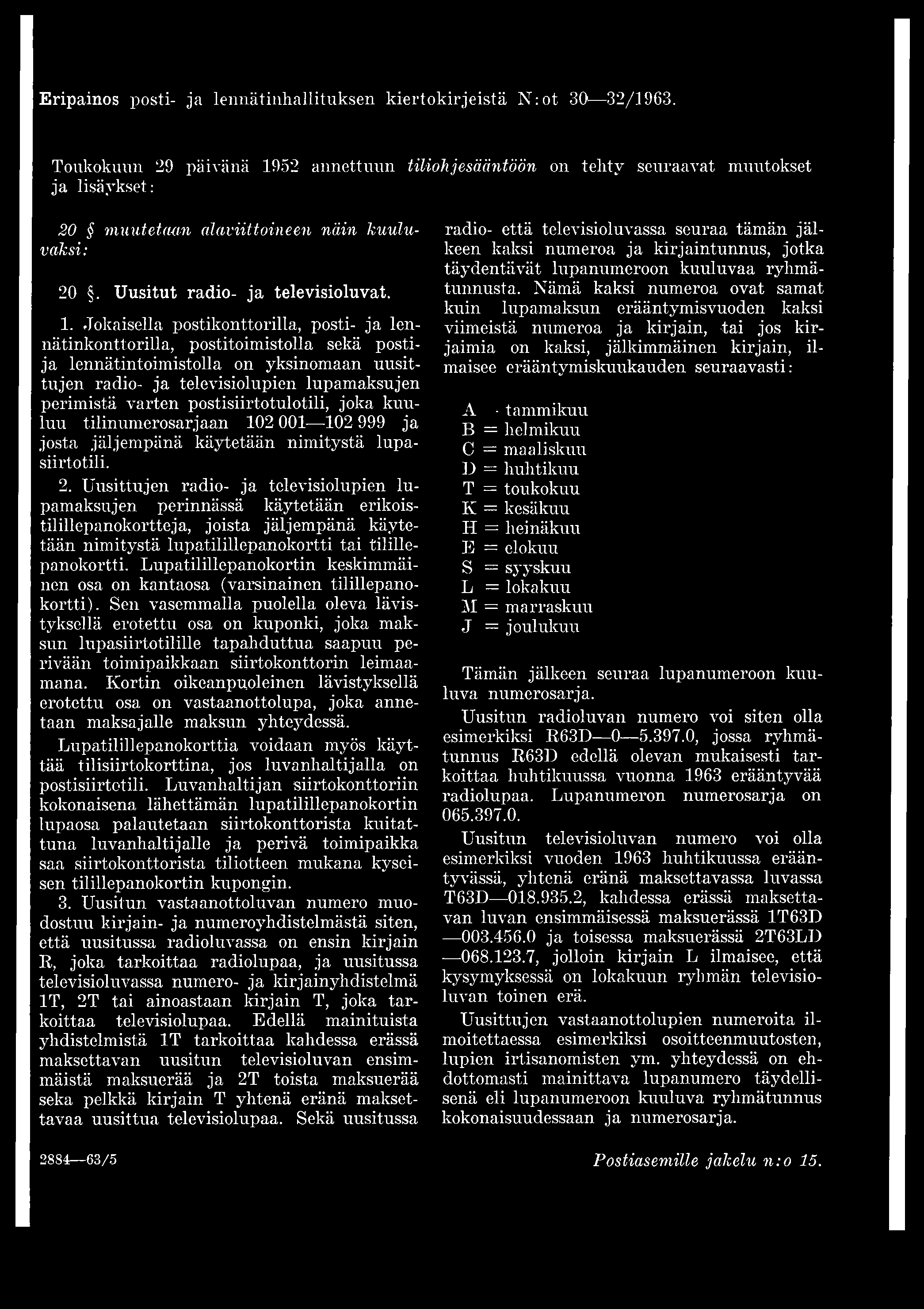 Eripainos posti- ja lennätinhallituksen kiertokirjeistä N :ot 30 32/1963.