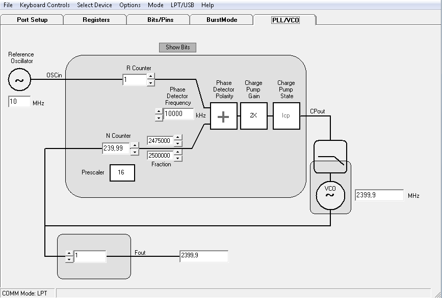 PLL/VCO-kohdasta asetetaan Reference Oscillator -kohtaan 10 MHz:ä. Tämän jälkeen voidaan asettaa Fout-kohtaan haluttu ulostulotaajuus, mihin PLL lukkiutuu (kuva 23).