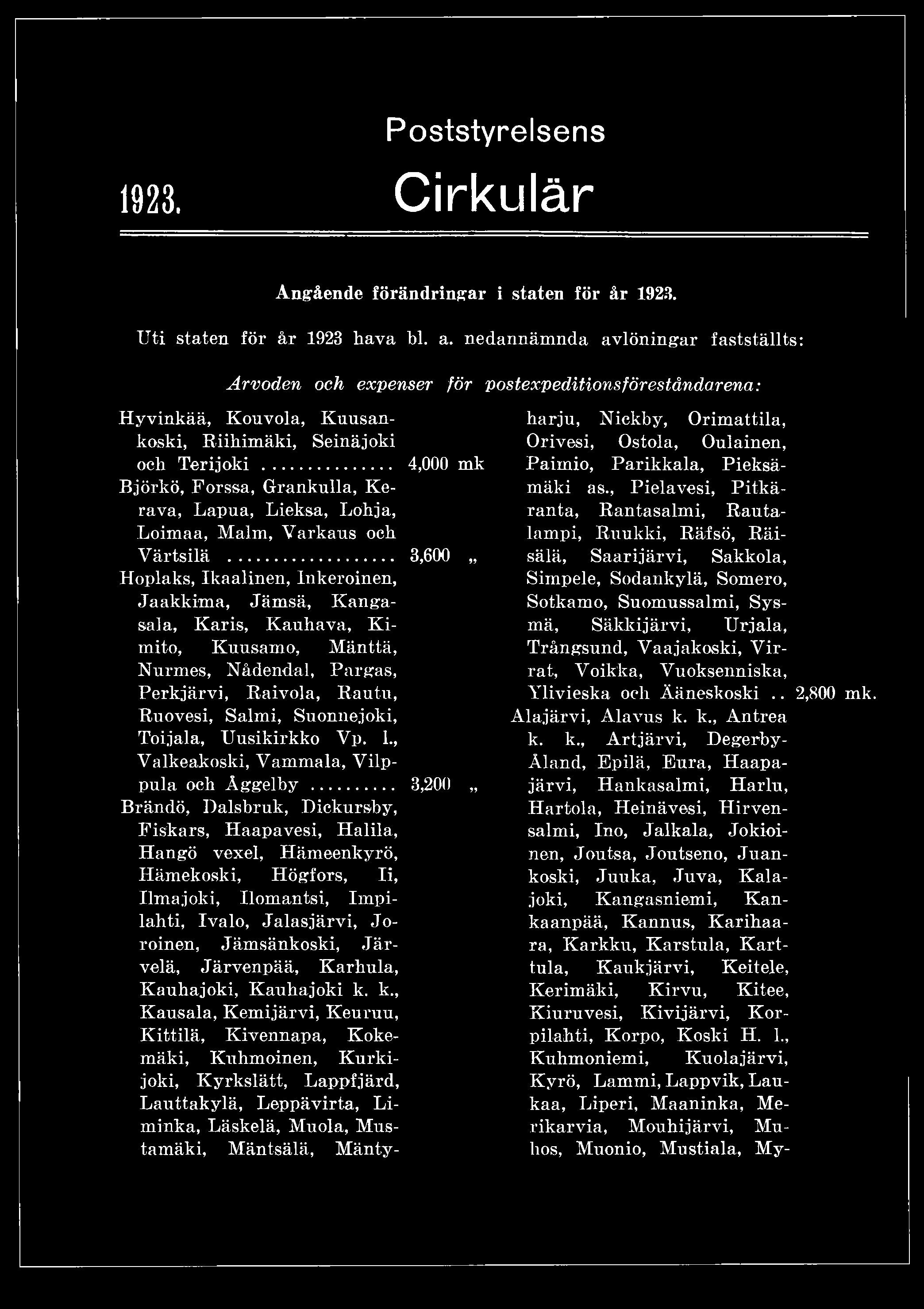 1923. Poststyrelsens Cirkulär Angående förändringar i staten för år 1923. Uti staten för år 1923 hava bl. a.