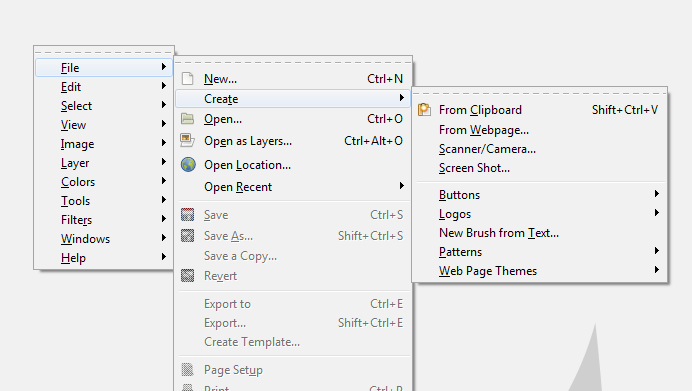 Työskentelyn aloittaminen (Kuva 6 ja 7) GIMPissä tiedostoja voi avata 'File -> Open/Create' valikon kautta tai