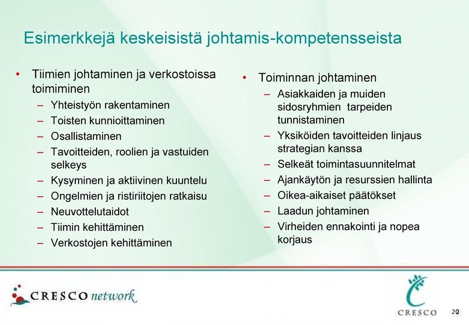 kehittäminen Verkostojen kehittäminen Toiminnan johtaminen Asiakkaiden ja muiden sidosryhmien tarpeiden tunnistaminen Yksiköiden tavoitteiden linjaus