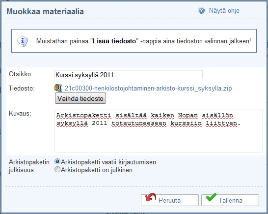 KURSSIMATERIAALIN ARKISTOINTI Kurssisivuston tämän hetkisestä tilanteesta voidaan tehdä zip-pakattu arkistopaketti.