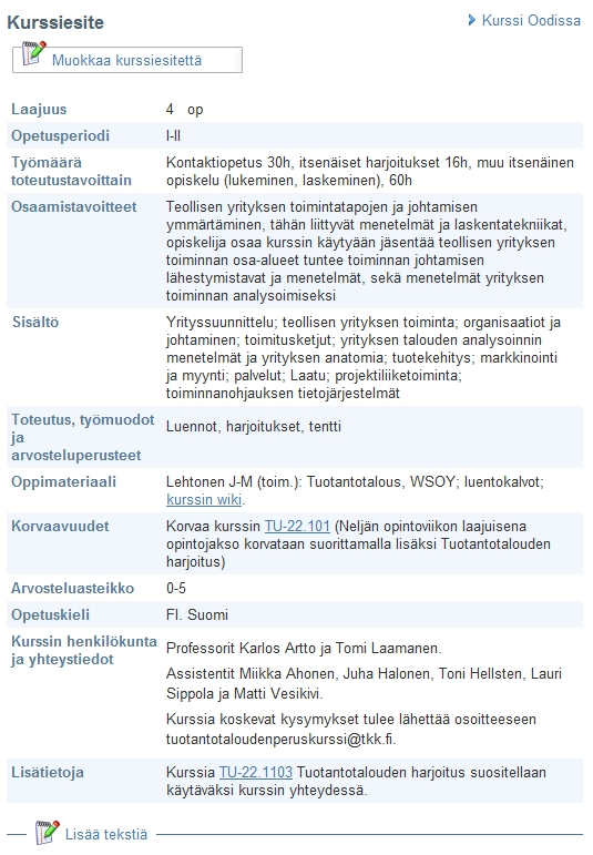 KURSSIESITE Kurssiesite-sivulla näytetään vain sellaisten kuvauskenttien tiedot, joissa on sisältöä.