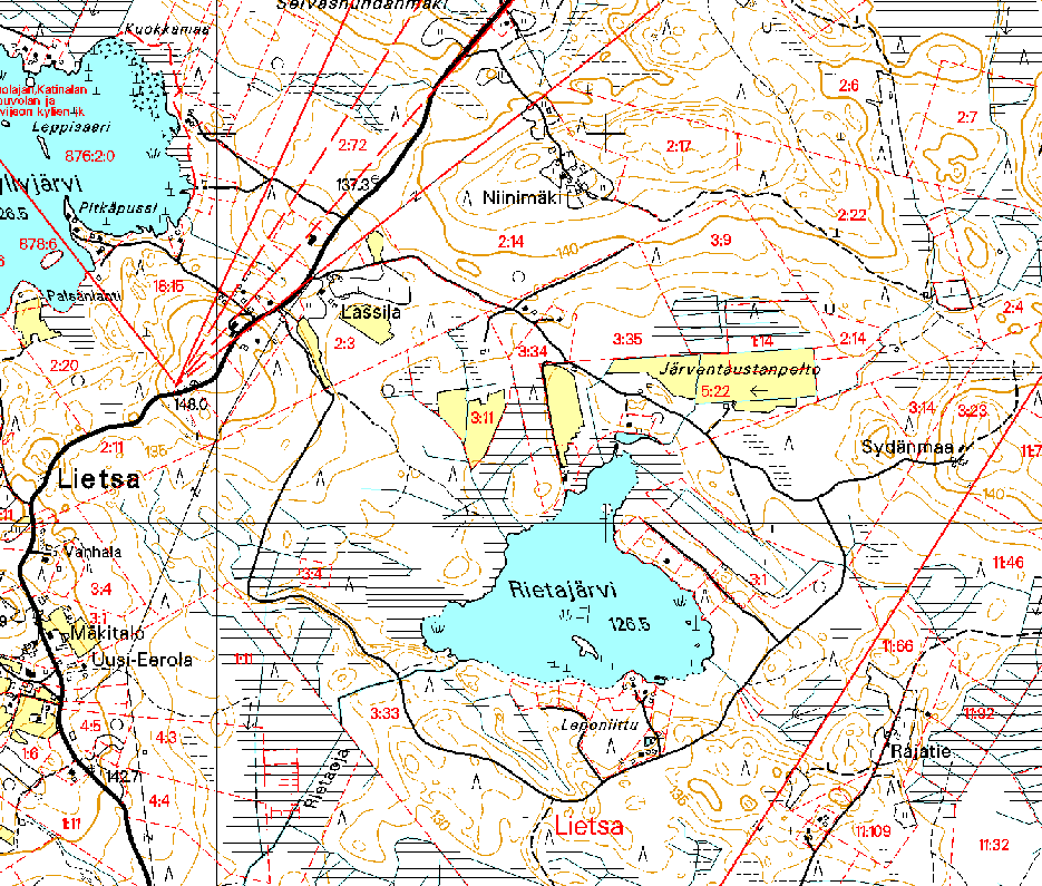 6.3. Rietajärvi (A= 23,62 ha, max syvyys 1,6 m, rantaviiva 3,07 km, korkeus meren pinnasta 126,5 m) Hertta -ympäristötietokannan mukaan Rietajärveä on tutkittu aikaisemmin 7.4.1994.