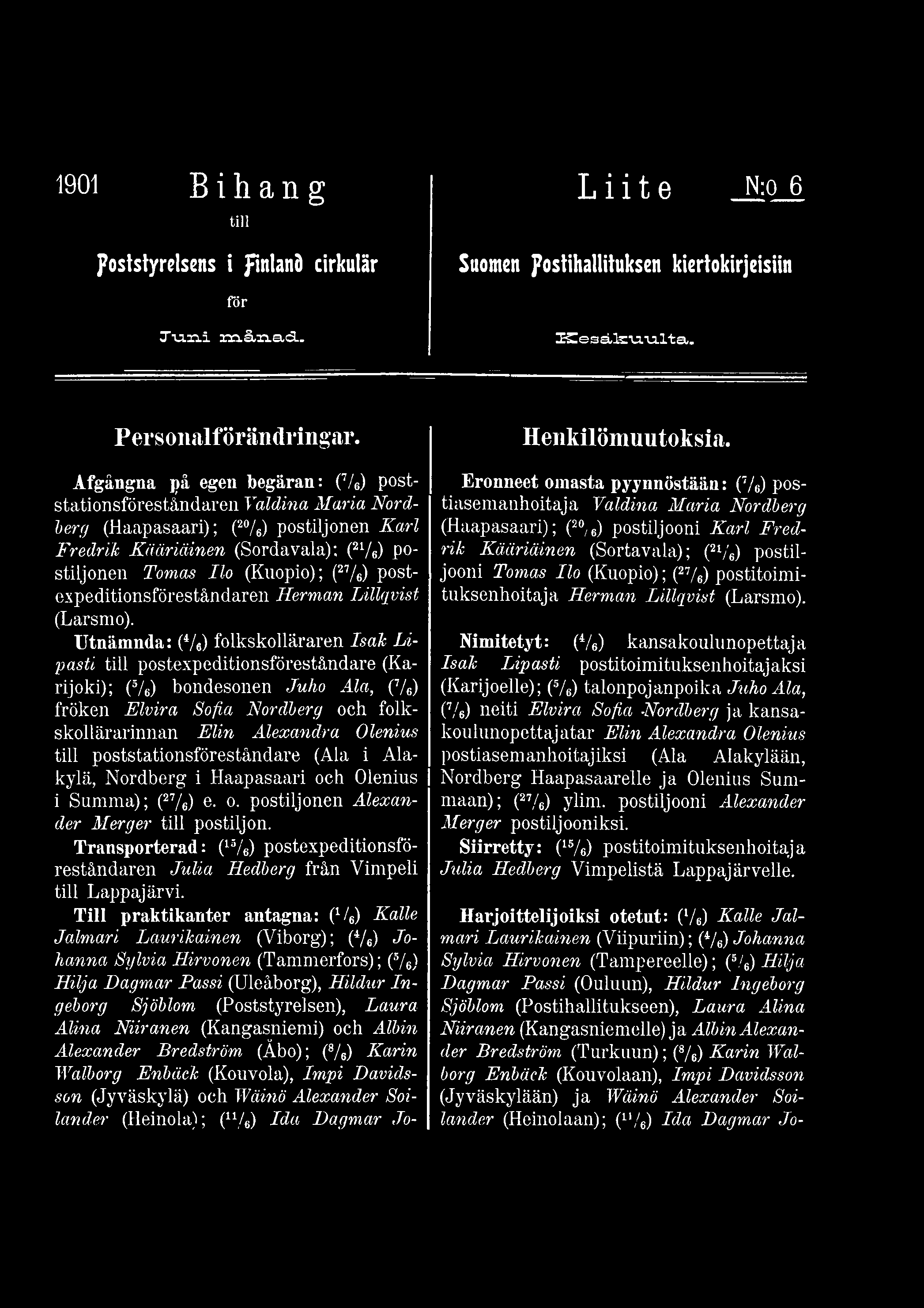 1901 B i h a n g tili Poststyrelsens i fintanö cirkulär för XvLTii månad. Liite N:o 6 Suomen Postihallituksen kiertokirjeisiin redessusvru-lta,. Personalförändringar.