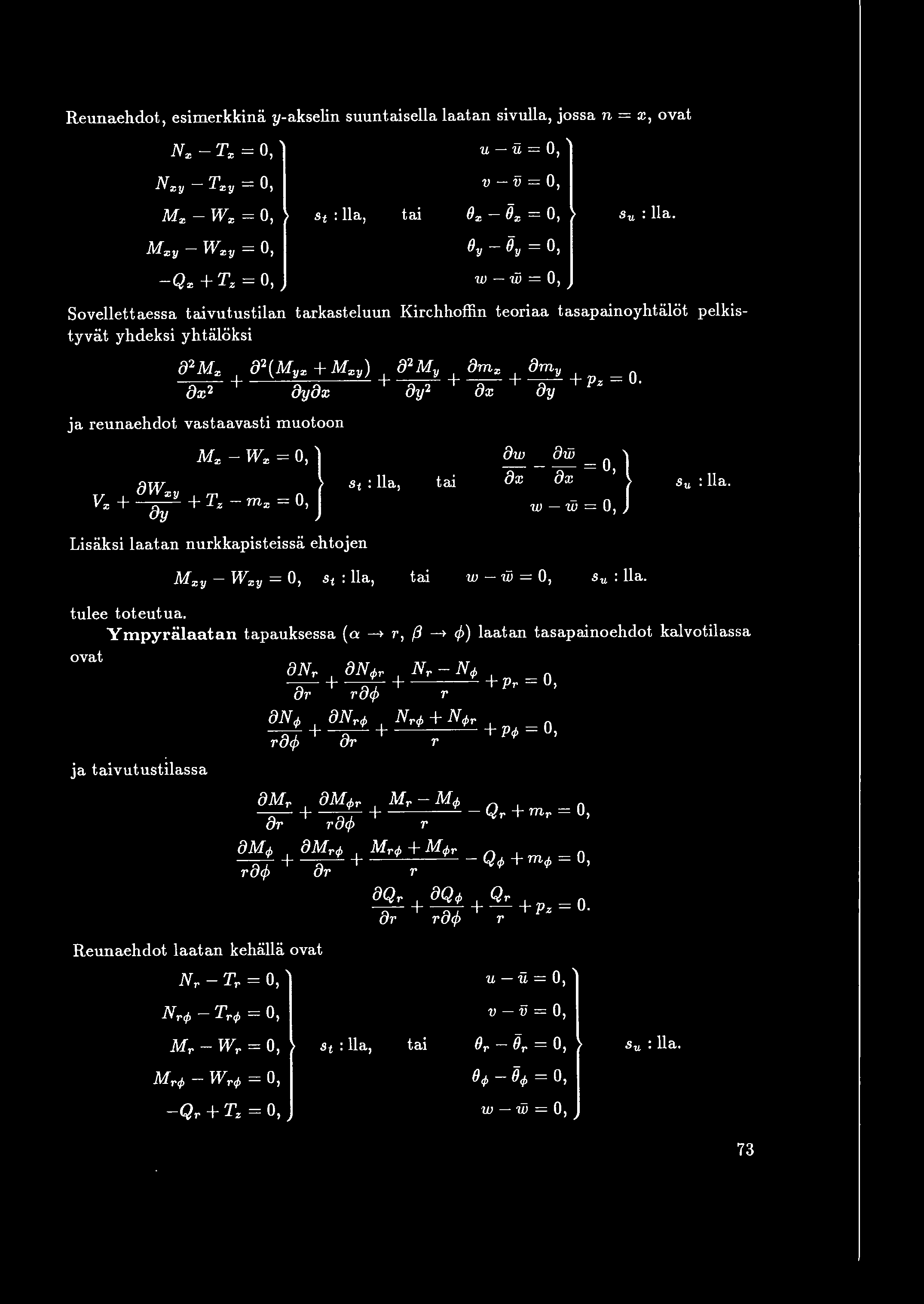 Reunaehdot, esimerkkina y-akselin suuntaisella laat an sivulla, jossa n = x, ovat N.,- T, = 0, N, y- T, y = 0, M., - W., = 0, M,y- W,y = 0, - Q.