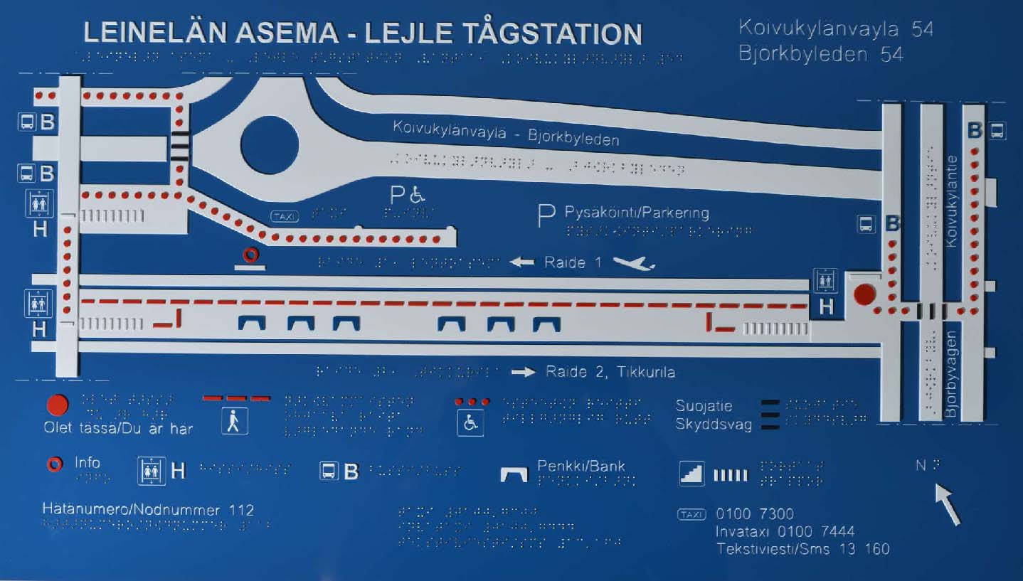 KOHO OPASTEET Käsin tunnusteltavat opasteet Tilaopasteiden (mm. wc kyltit) tulee sijaita seinällä oven avautumispuolella silmän korkeudella.