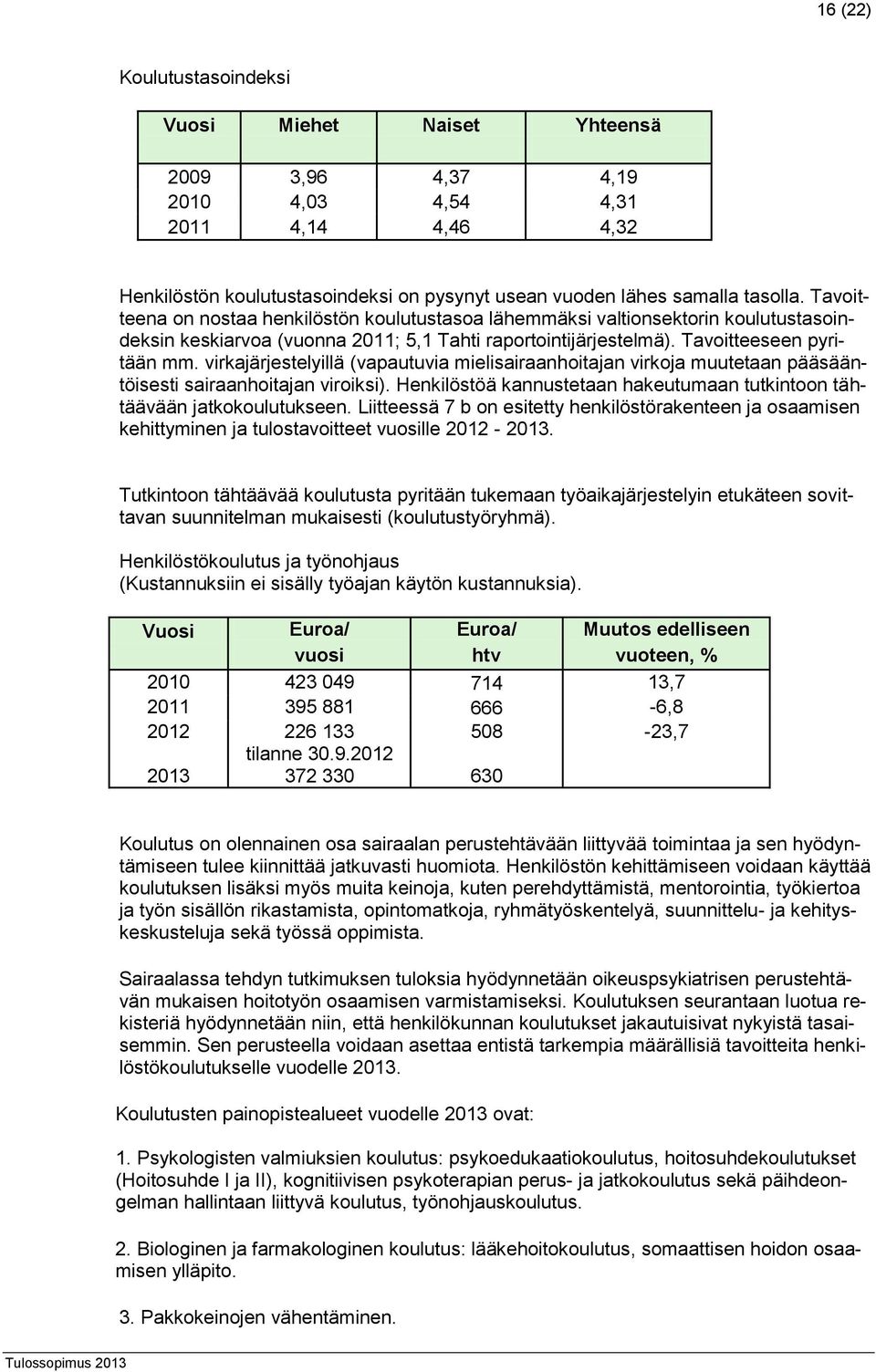 virkajärjestelyillä (vapautuvia mielisairaanhoitajan virkoja muutetaan pääsääntöisesti sairaanhoitajan viroiksi). Henkilöstöä kannustetaan hakeutumaan tutkintoon tähtäävään jatkokoulutukseen.