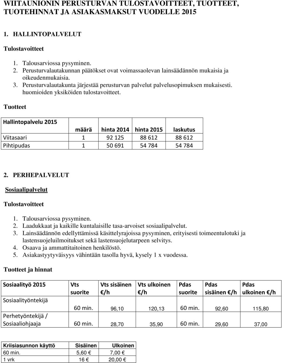 huomioiden yksiköiden tulostavoitteet. Tuotteet Hallintopalvelu 2015 määrä hinta 2014 hinta 2015 laskutus Viitasaari 1 92125 88612 88612 Pihtipudas 1 50691 54784 54784 2.