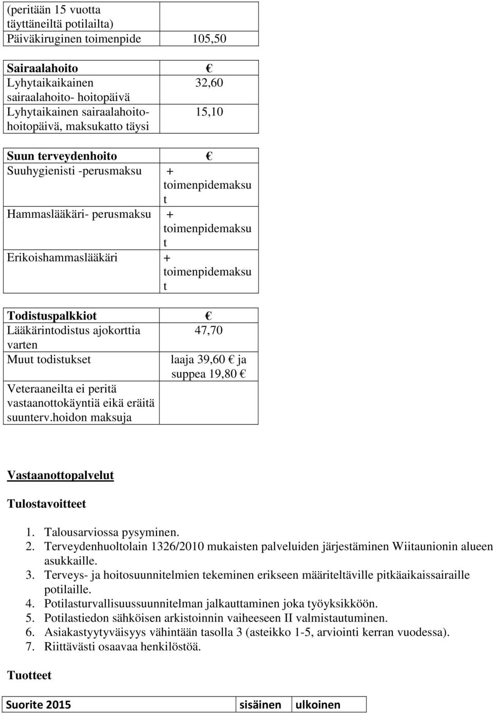 ajokorttia 47,70 varten Muut todistukset Veteraaneilta ei peritä vastaanottokäyntiä eikä eräitä suunterv.hoidon maksuja laaja 39,60 ja suppea 19,80 Vastaanottopalvelut 2.