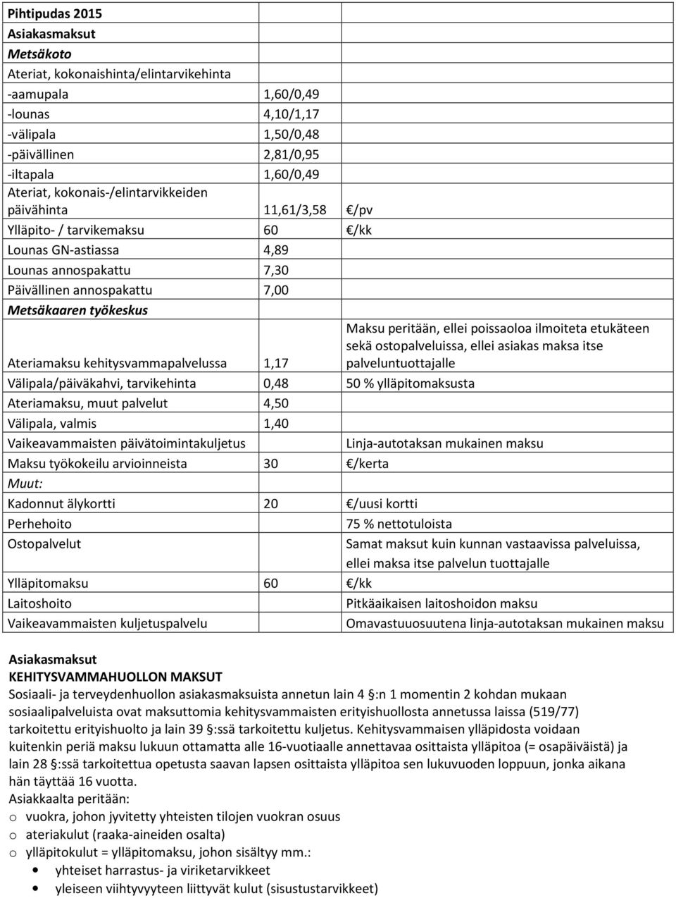 kehitysvammapalvelussa 1,17 Maksu peritään, ellei poissaoloa ilmoiteta etukäteen sekä ostopalveluissa, ellei asiakas maksa itse palveluntuottajalle Välipala/päiväkahvi, tarvikehinta 0,48 50 %