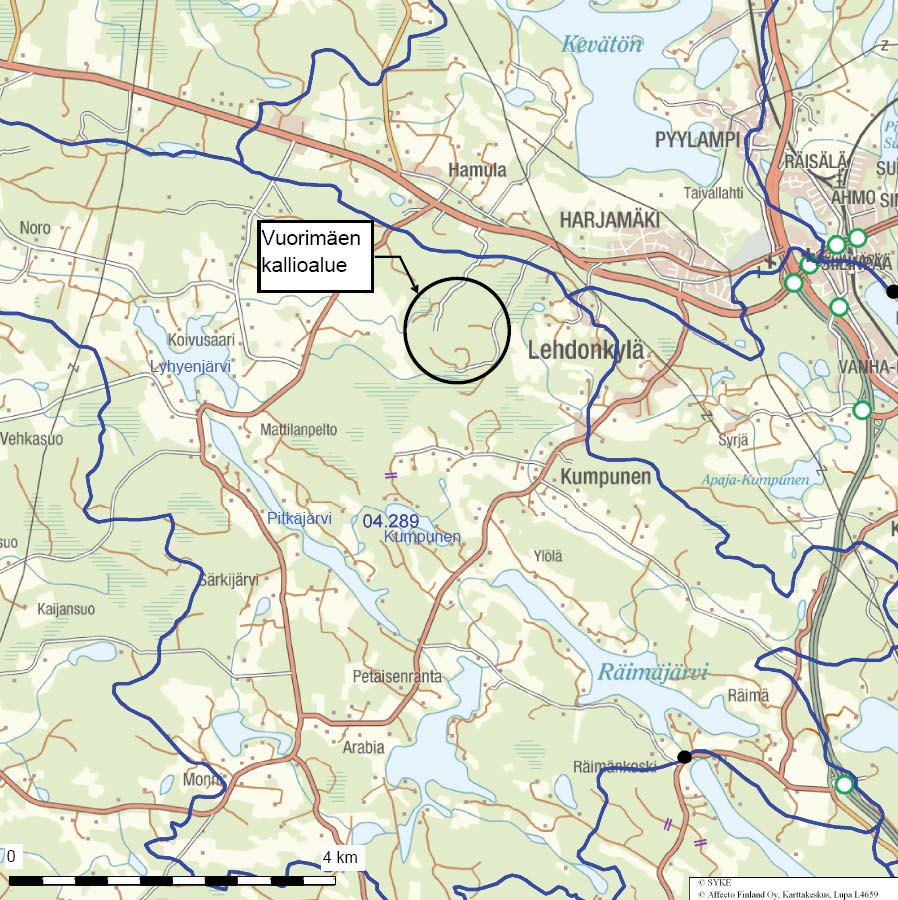 40 VUORIMÄEN KALLIOALUE, SIILINJÄRVI: 6.4 Pintavedet Vuorimäen kallioalue kuuluu Räimäjärven valuma-alueeseen (04.289, kuva 6-4).