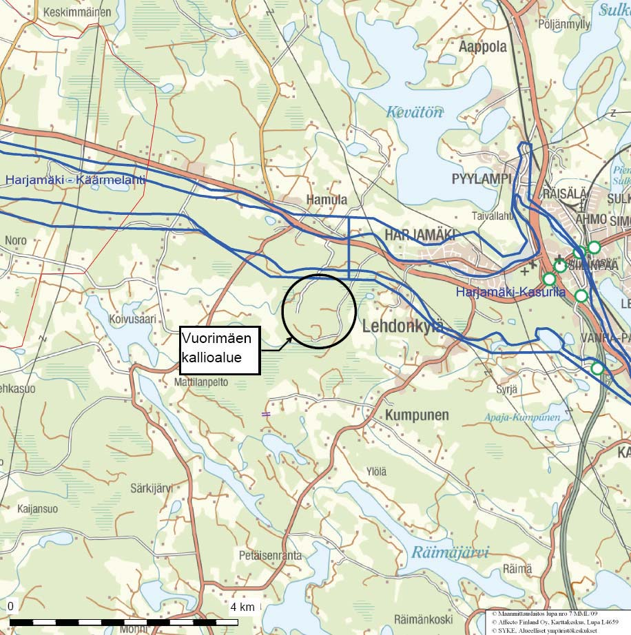 VUORIMÄEN KALLIOALUE, SIILINJÄRVI: 41 6.5 Pohjavesi mainituilla pohjavesialueilla. Louhinta-alueelta maasto viettää etelään, poispäin pohjavesialueesta.