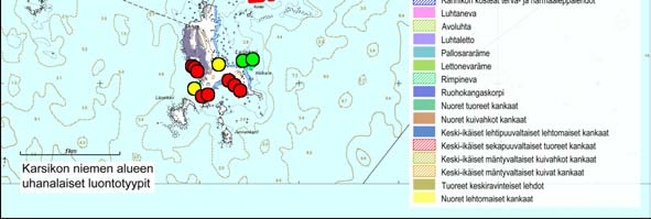 16 Kuva 1. Karsikon niemen uhanalaiset ja silmälläpidettävät luontotyypit, huomioitavien kasvilajien esiintymät sekä osayleiskaava(asemakaava) -luonnoksen (16.10.