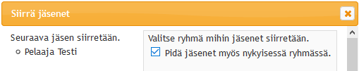 Aiemmin rekisteröidyn jäsenen lisääminen omaan ryhmään Klikkaa Jäsenet->Lisää jäseniä ryhmään. Kirjoita jäsenen nimi ja paina Etsi.