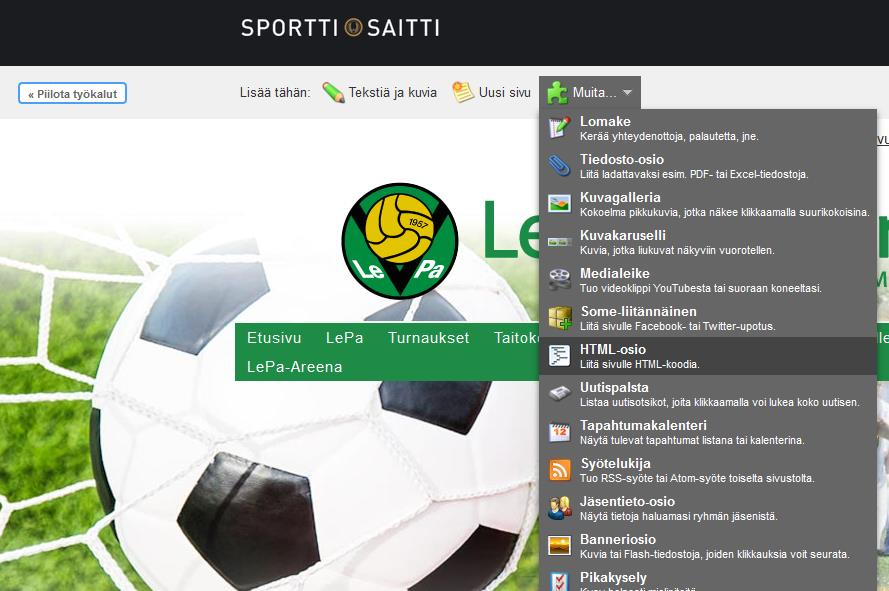 Tapahtumien näyttäminen eli upotus nettisivuille Ryhmän tulevien tapahtumien tiedot ilmoittautumislinkkeineen saa näkyviin joukkueen nettisivuille, kopioimalla tarvittava HTML-koodi Sporttisaitin
