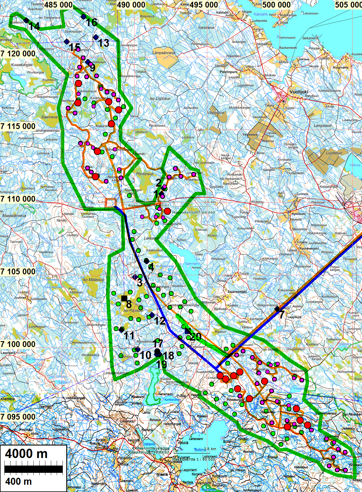 10 Yleiskartat Karttapohja v. 2013 raportista. Muinaisjäännökset numeroiduin sinisin symbolein.