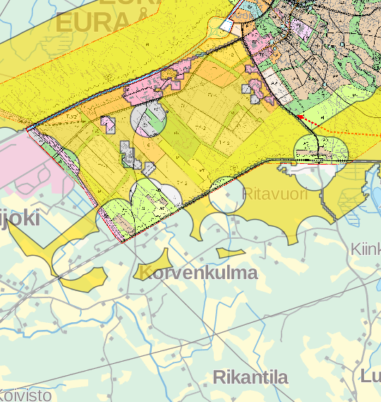 Alue 37, Eurajoki Radan pohjoispuolelle on yleiskaavassa osoitettu maa- ja metsätaloutta ja asumista (AO).