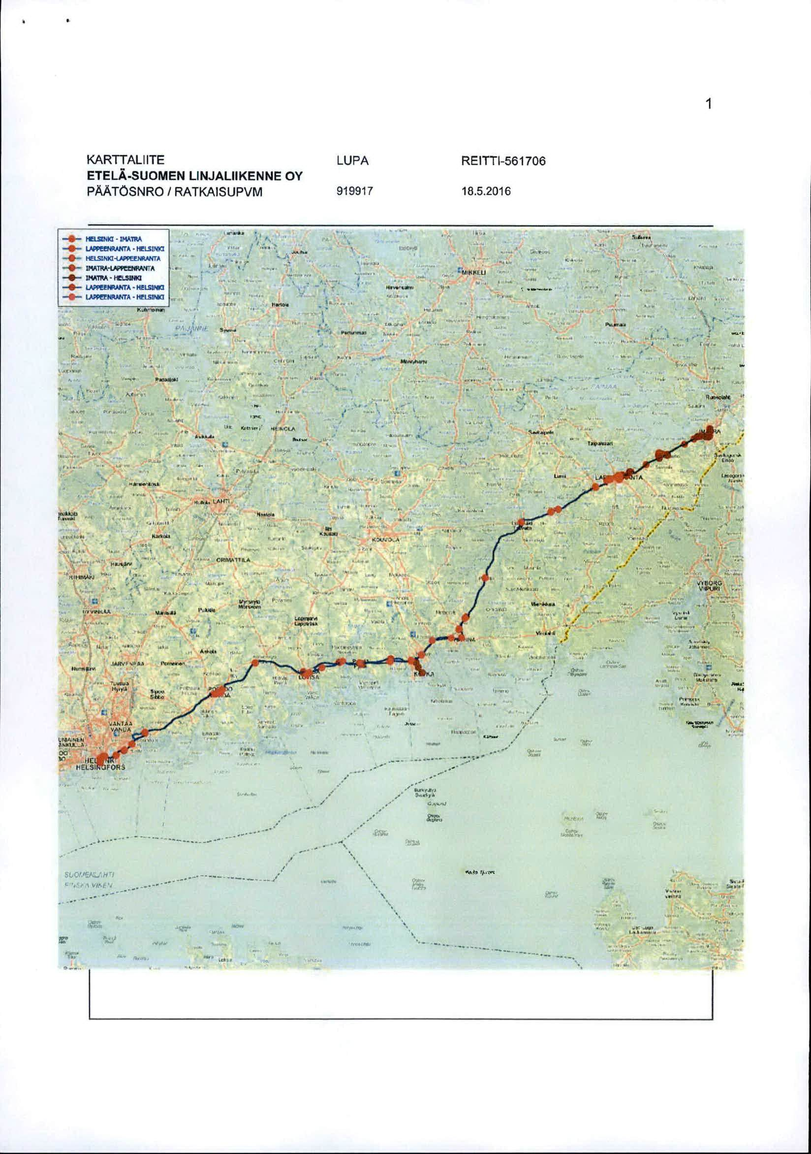 KARTTALMTE LUPA ETELA-SUOMEN LINJALIIKENNE OY PAATOSNRO / RATKAISUPVM 919917 REITTl-56