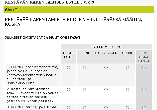 3. Haastattelututkimuksen tulokset - kestävän rakentamisen esteet ja prosessin muutostarpeet Taulukossa esitetään kyselyn tuloksia.