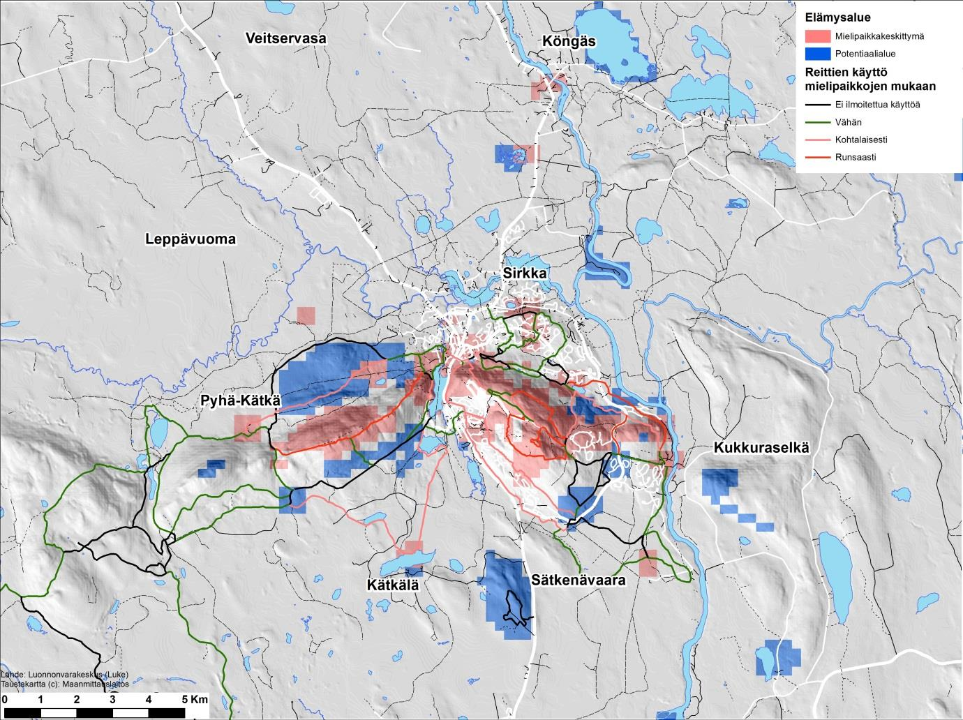 7 Kuva 2. Alueen käyttäjien tunnistamat voimametsät Levin matkailualueella. Mielipaikkoja koskeva paikkatietoanalyysi tehtiin ArcGIS for Desktop v10.3 -ohjelmistolla.