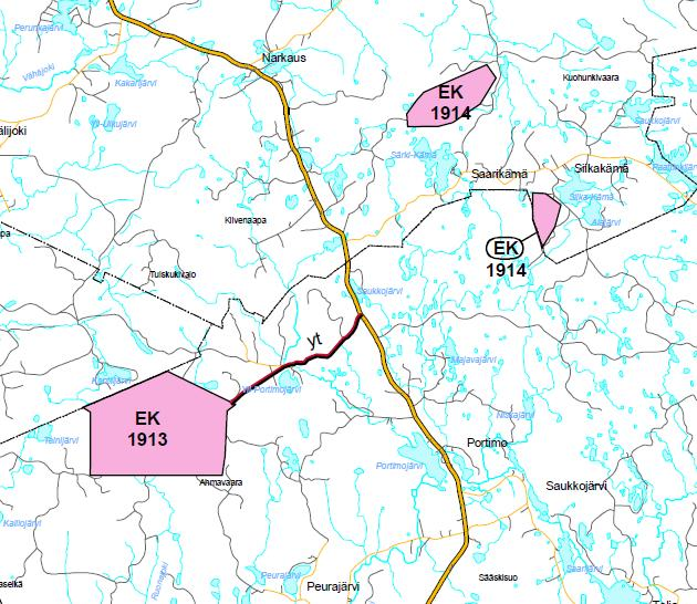 Suunnitellun kaivosalueen laajennuksen halki lounais-koillissuunnassa on merkitty Suhangon kaivoksen merkittävästi parannettava yhdystie (yt). 122 Kuva 7-22. Ote Rovaniemen vaihemaakuntakaavasta.