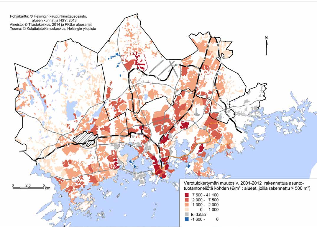 Asuntorakentamisen ja verotulojen muutosten alueellisia yhteyksiä selvitettiin laskemalla asuinalueiden verotulokertymän muutoksen ja rakennetun asuntopinta-alan suhde.