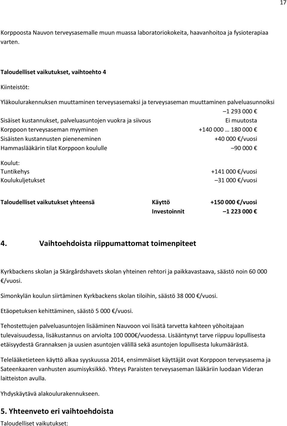 vuokra ja siivous Ei muutosta Korppoon terveysaseman myyminen +140 000 180 000 Sisäisten kustannusten pieneneminen +40 000 /vuosi Hammaslääkärin tilat Korppoon koululle 90 000 Koulut: Tuntikehys