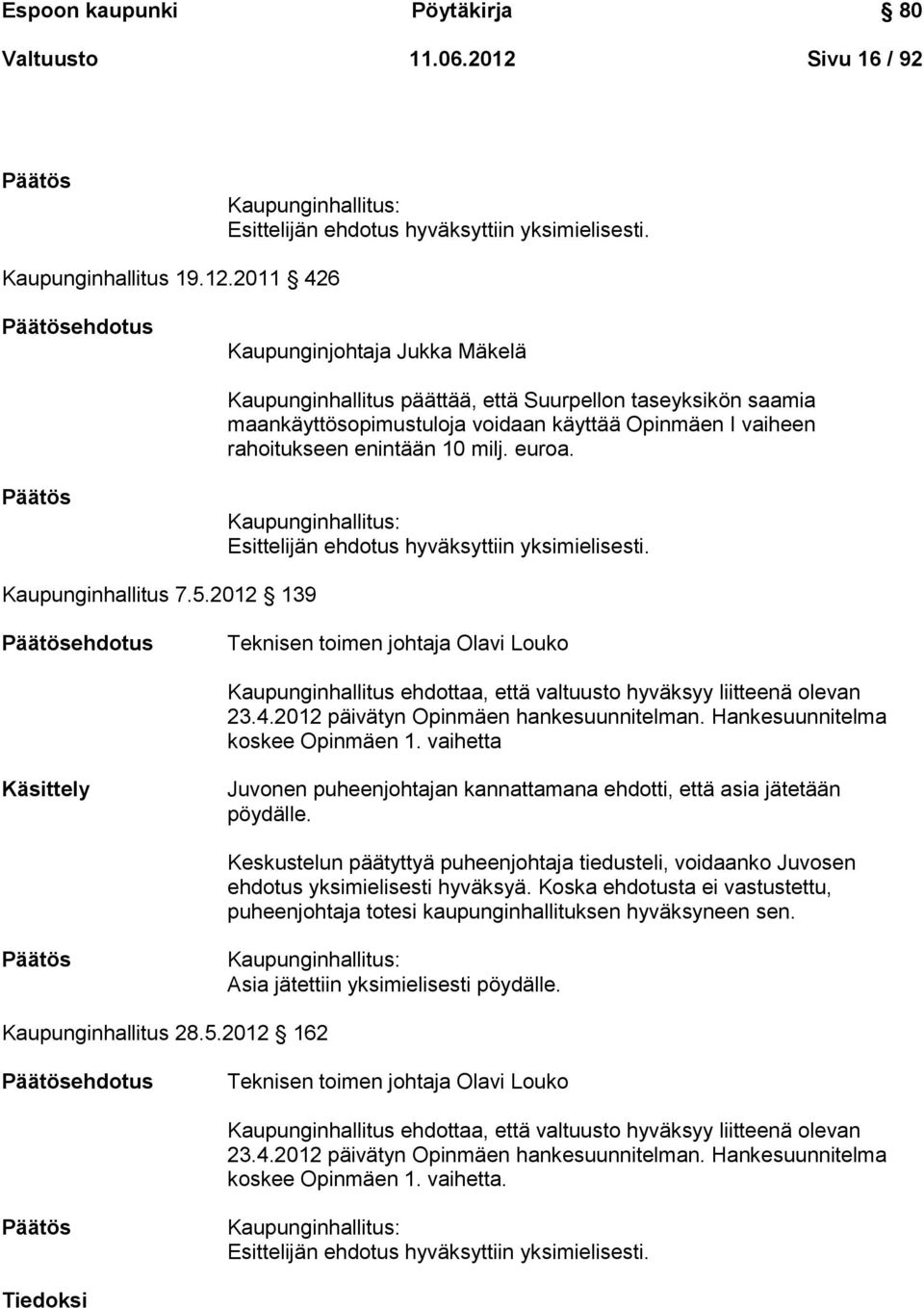 2011 426 ehdotus Kaupunginjohtaja Jukka Mäkelä Kaupunginhallitus päättää, että Suurpellon taseyksikön saamia maankäyttösopimustuloja voidaan käyttää Opinmäen I vaiheen rahoitukseen enintään 10 milj.