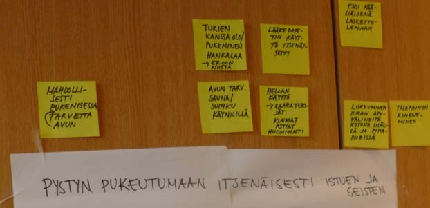 38 Tavoitetta tunnistettaessa esille tulleiden tärkeiden, muutosta vaativien asioiden sekä voimavarojen kirjaaminen esille esimerkiksi liimalapuille tai isolle paperille auttoi kuntoutujia ja samalla