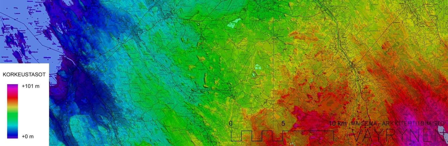 47 Kuva 4-8 Tuulivoimaloiden sijainti maaston korkeustasojen suhteen. Voimalat on osoitettu valkoisilla ympyröillä. 4.2.