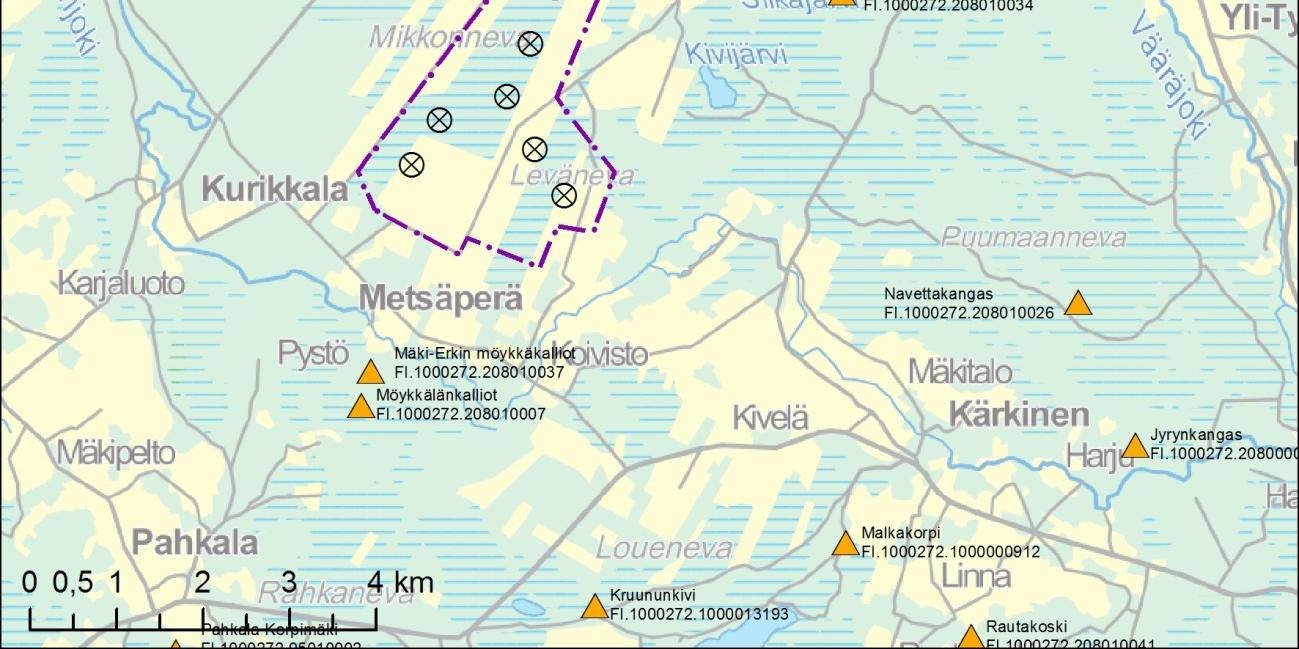 4.2.3 Muinaisjäännökset 16X242655 49 Hankealueella on yksi tunnettu muinaisjäännös, esihistorialliset Hangasräme Jättiläiskankaan kiviröykkiöt (208010016).