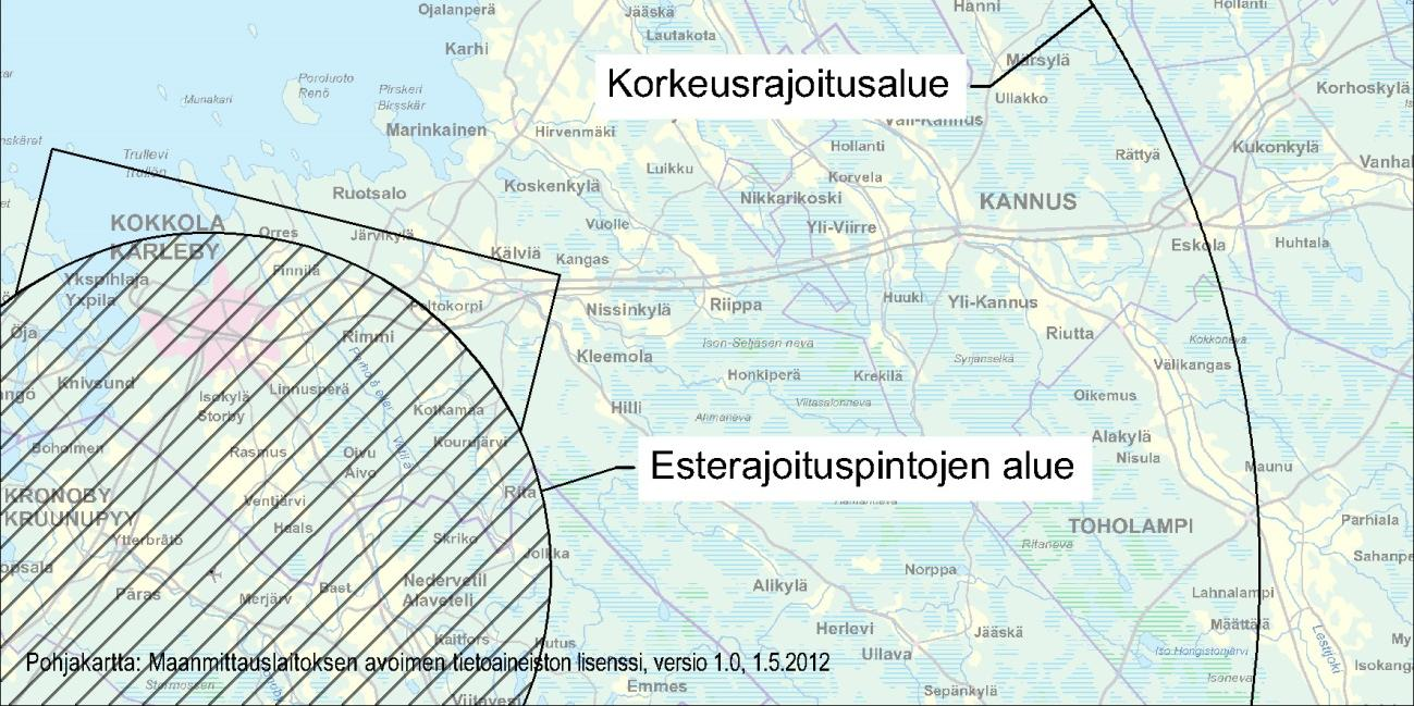 65 Kuva 4-20 Kokkolan lentoaseman korkeusrajoitusalueet (Finavian aineisto 13.11.2014) ja Läntisten tuulivoimapuiston hankealue. 4.7 Melu Läntisten hankealueen pohjoispuolella kulkee tie nro 27 Kalajoelta Alavieskaan sekä kauempana alueen pohjois- ja luoteispuolella VT8.