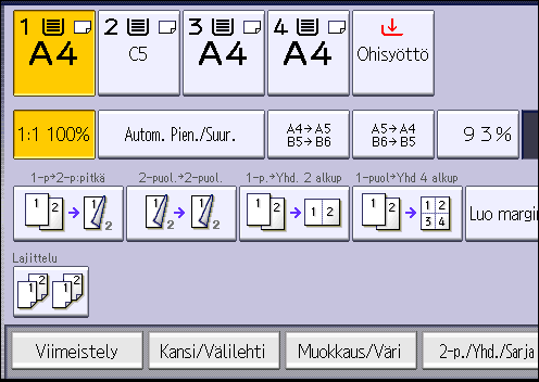 Kopiointi kirjekuorille 2. Paina [ ]. 3. Paina [Paperikoko]. 4. Määritä kirjekuoren koko ja paina [OK] kahdesti. 5. Aseta alkuperäiset ja paina [Aloita].