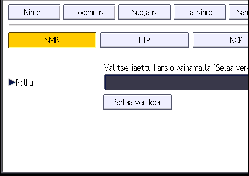 6. Skannaus 14. Vahvista salasana syöttämällä se uudelleen ja painamalla [OK]. 15. Paina [Kansio]. 16. Varmista, että [SMB] on valittu. 17. Paina [Muuta] tai [Selaa verkkoa] ja määritä sitten kansio.