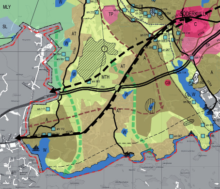 Ote tä-uudenmaan maakuntakaavasta (YM 5.2.200). Storörenin niemen sijain kartalla on osoite u punaisella nuolella. Utdrag ur landskapsplan för östra Nyland (miljöministeriet 5.2.200). Storörens udd visas på kartan med en röd pil.
