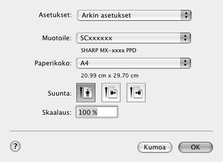 Macintosh Seuraavassa esimerkissä selitetään, miten -koon asiakirja voidaan tulostaa TextEditistä (Mac OS 9:ssä SimpleTextistä), joka kuuluu Macintosh-tietokoneiden tavallisiin apuohjelmiin.