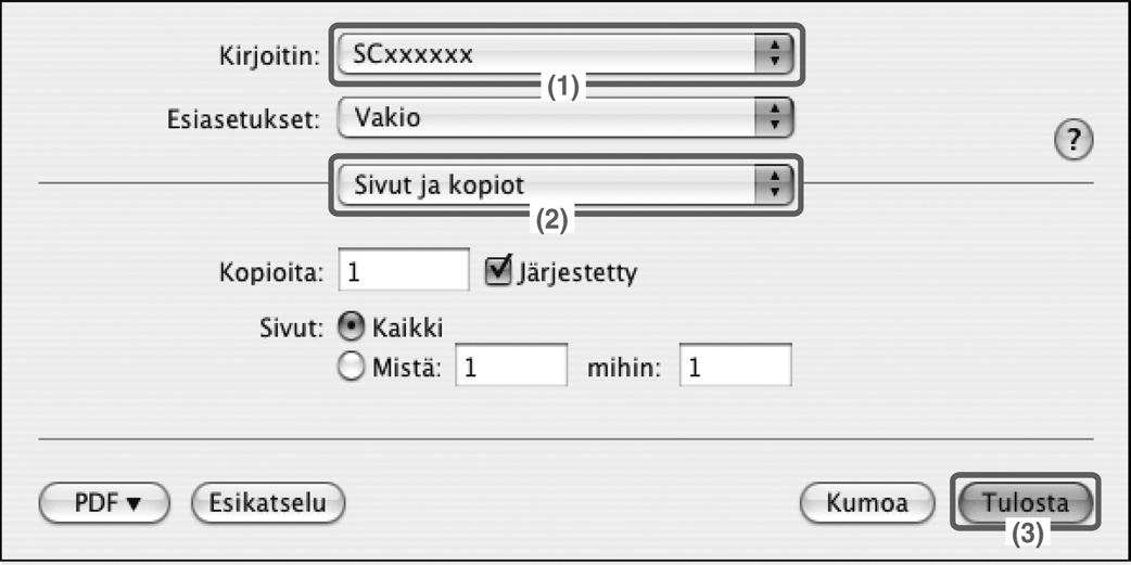 Tiedoston tulostaminen 1 Tulosta TextEdit-ohjelmasta. (1) Avaa [Arkisto]-valikko. (2) Valitse [Tulosta]. Mac OS 9 -käyttöjärjestelmässä valitse SimpleTextin [Arkisto]-valikosta [Tulosta].