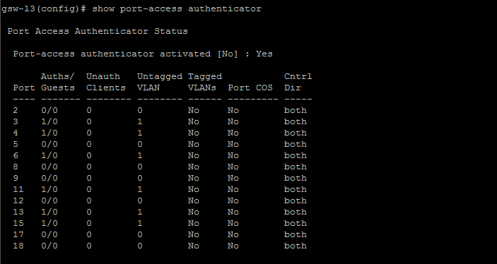 19 #aaa port-access authenticator <numero> #aaa port-access eap-radius Ensimmäisellä komennolla valittiin yksittäinen portti kytkimestä, josta testaaminen suoritetaan.