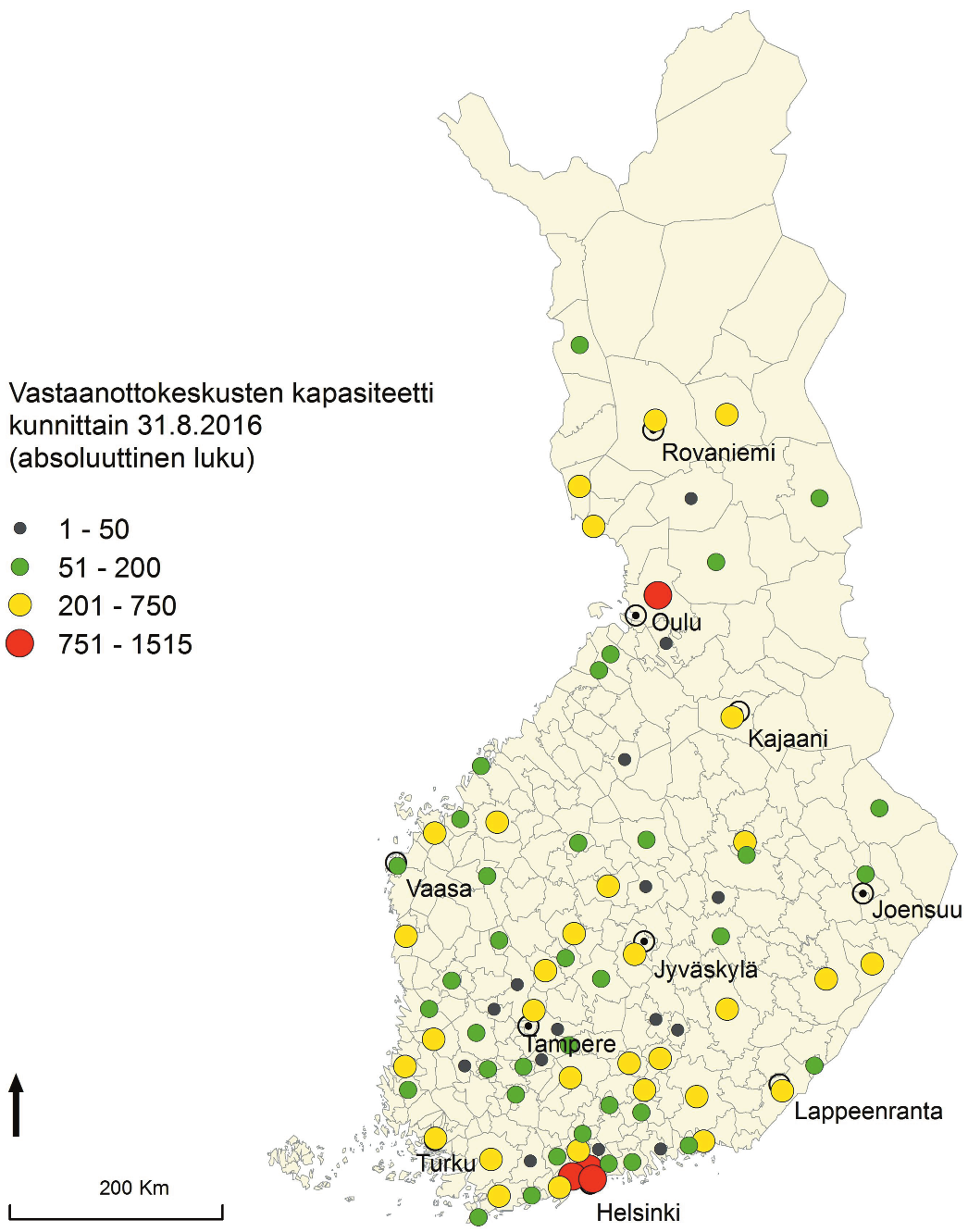 Kuva 8.1. Vastaanottokeskukset Suomessa 2016 majoituskapasiteetin perusteella. Aineisto on peräisin Migristä. sillä alueilla muutoin väkirikkaissa maakunnissa ja yleisemminkin syrjäseuduilla.