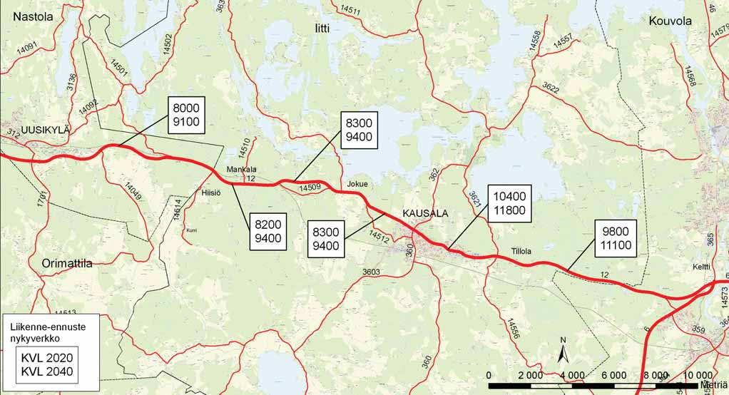 16 Valtatien 12 parantaminen välillä Uusikylä Tillola, yleissuunnitelma LÄHTÖKOHDAT JA TAVOITTEET 1.6.2 Liikenne-ennusteet Suunnitelman liikenne-ennuste on tehty ns. kasvukerroinmenetelmällä.