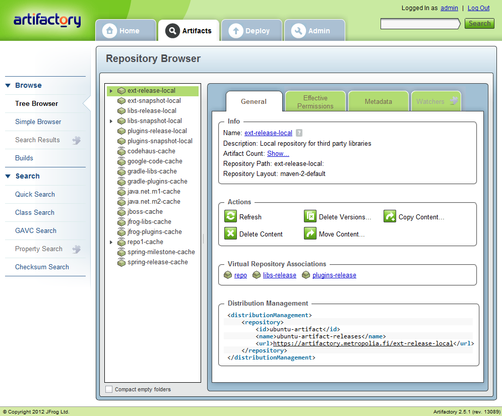37 4.1 JFrog Artifactory Artifactoryn web-käyttöliittymä on helppokäyttöinen. Ylläpitäjän oikeuksilla käyttöliittymästä voi muokata kaikkia Artifactoryn asetuksia.