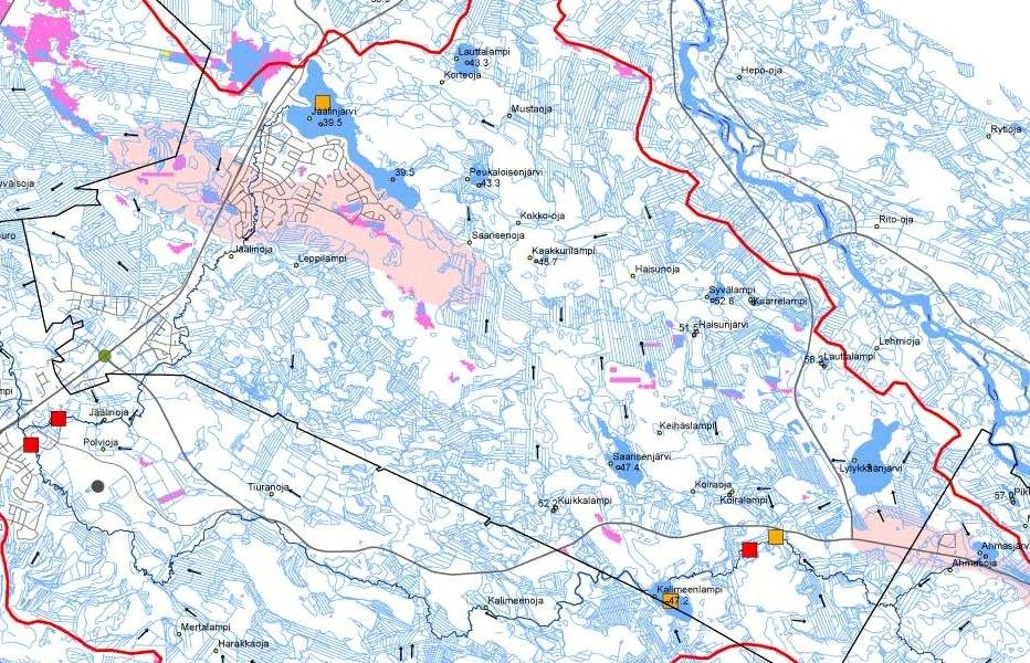 Jäälinojan valuma-alueen osat ja ongelmat Jäälinjärvi: Löyhä pohjasedimentti Limalevä 38 km Kalastorakenne 2 Korteoja 8,4 km 2 Kokko-oja Saarisenoja 15 km2 28 km 2