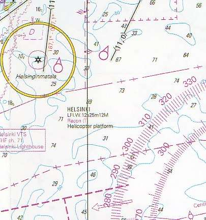 Teht. 4 Merkintäpaikkasi on 59 55,0 P 025 00,0 I. Ohjaat kompassisuuntaan 340 nopeuden ollessa 8 solmua. Kello 15.15 suunnit Helsingin merimajakan vasemmanpuoleisessa keulakulmassa 37 ja kello 15.