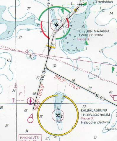 Teht. 6 a. Merimajakan Porvoon Majakka lounaispuoleisella vesialueella päätät tarkistaa sijaintisi tutkalla. Tutkaetäisyydet ovat Porvoon Majakkaan 3,5 M ja Kalbådagrundin merimajakkaan 5 M.