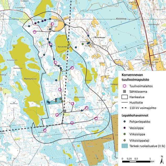 FCG SUUNNITTELU JA TEKNIIKKA OY Korvennevan tuulivoimapuisto 131 (265) Muita lepakoiden kannalta arvokkaita alueita hankealueelta ei voitu osoittaa, vaan alue on pääpiirteissään lepakoiden