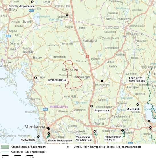 FCG SUUNNITTELU JA TEKNIIKKA OY Korvennevan tuulivoimapuisto 161 (265) Kuva 11.4. Hankealueen ympäristön virkistyskäyttörakenteet OIVA tietokannan ja maastotietokannan mukaan. 11.1. 7 Asutus ja väestö Merikarvian kunnassa asui vuoden 2012 lopussa 3 269 asukasta.